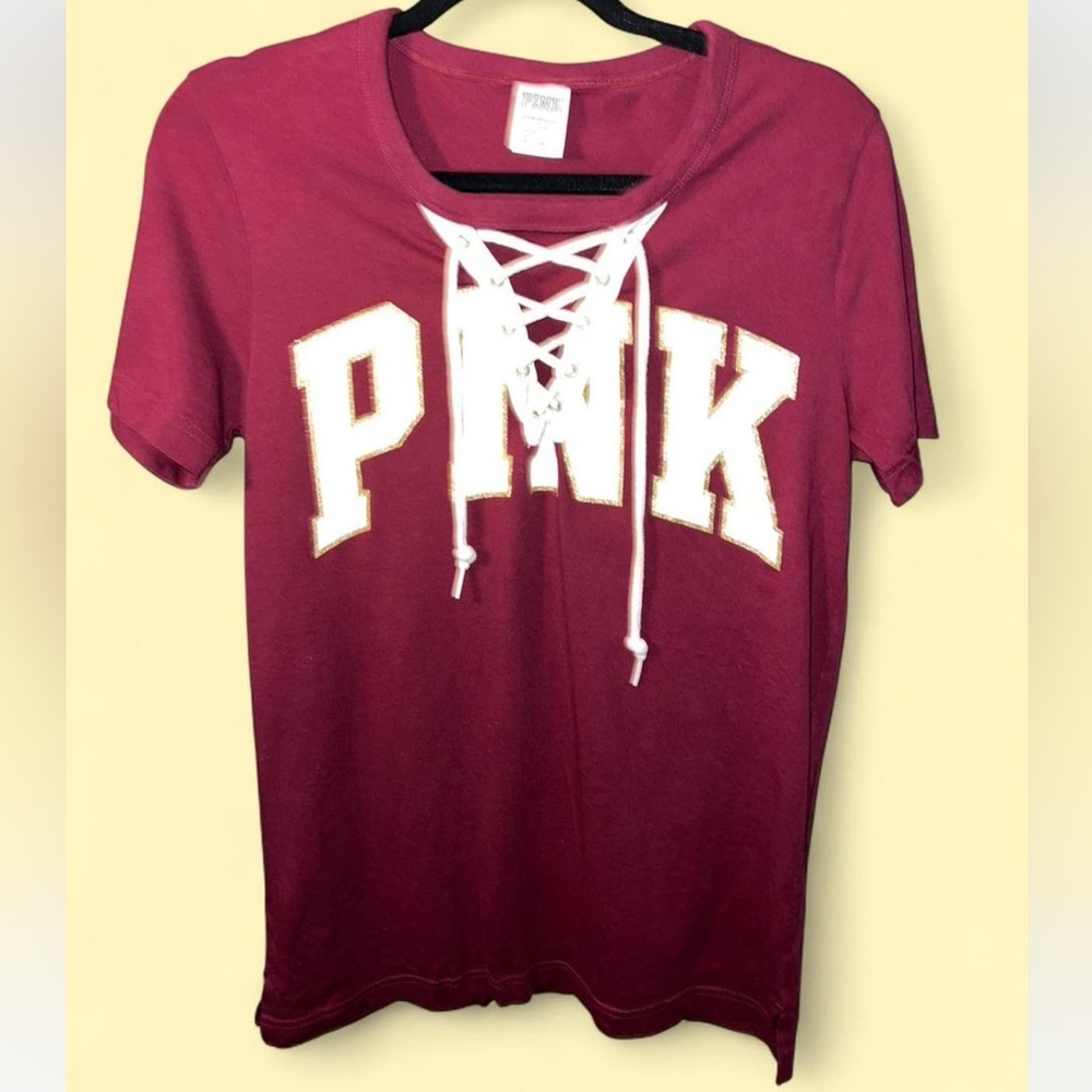 PINK Victoria’s Secret Burgundy Lace Up Cotton Campus T-Shirt